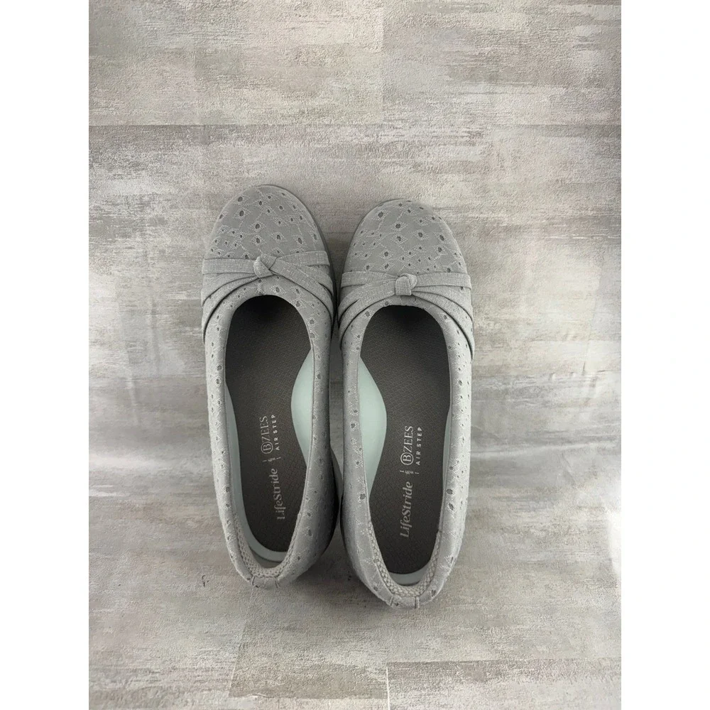 LifeStride BZees Air Step Gray Eyelet Bow Slip On Wedge Shoes Women Sz 7.5W GEM2